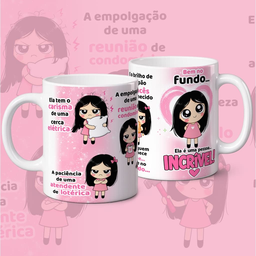 Caneca Ela Tem o Carisma de uma Cerca Elétrica Versão Menininha de Cabelo Preto Porcelana 325ml