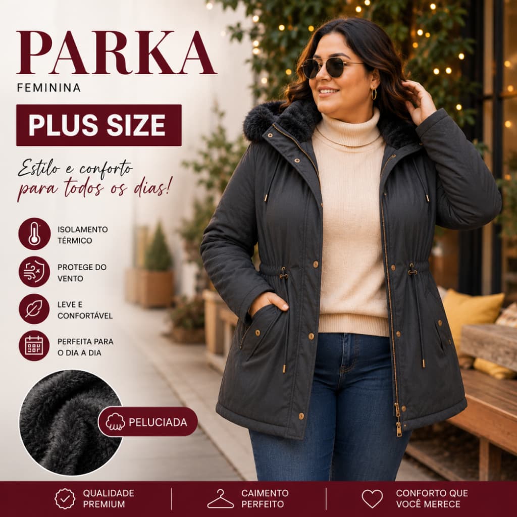Casaco Parka Plus Size feminina forrada G3 ao G6 sarja Pelinho por dentro