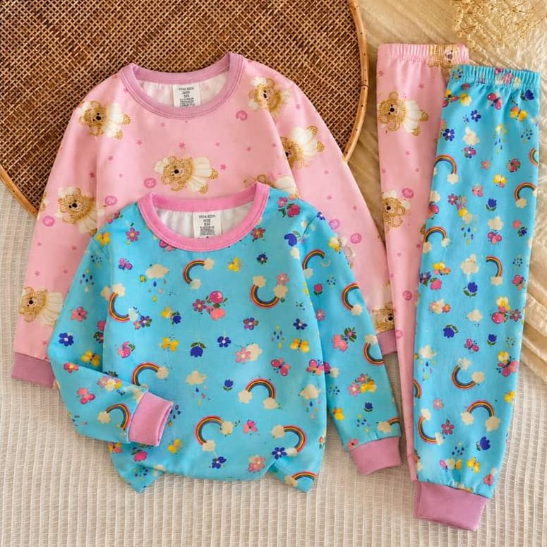 Kit 2 Pijamas Infantil Menina Estampado Inverno Feminino 2 Blusas Manga Longa 2 Calças Com Punho