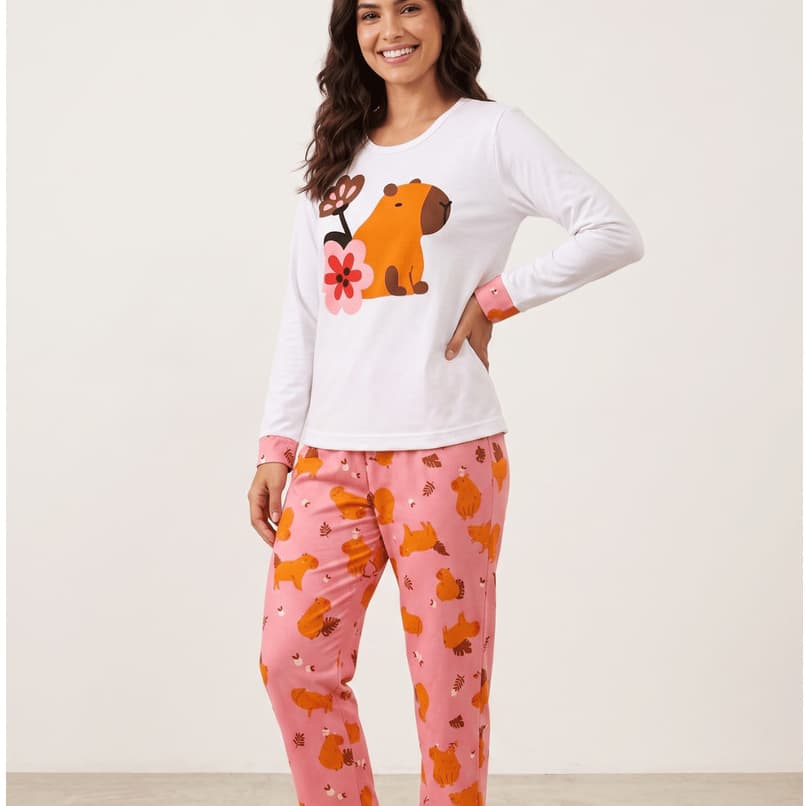 Pijama Feminino Adulto Estampado Conjunto Manga Longa Calça Pijama Inverno Slim Confortável