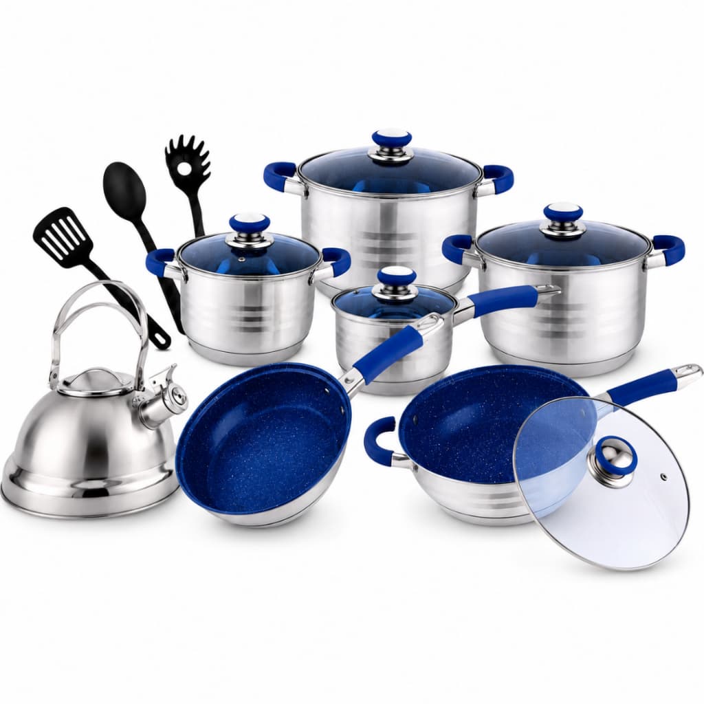 Jogo de Panelas 16 Peças Inox Marmorizado Azul com Chaleira Tampas de Vidro e Utensílios