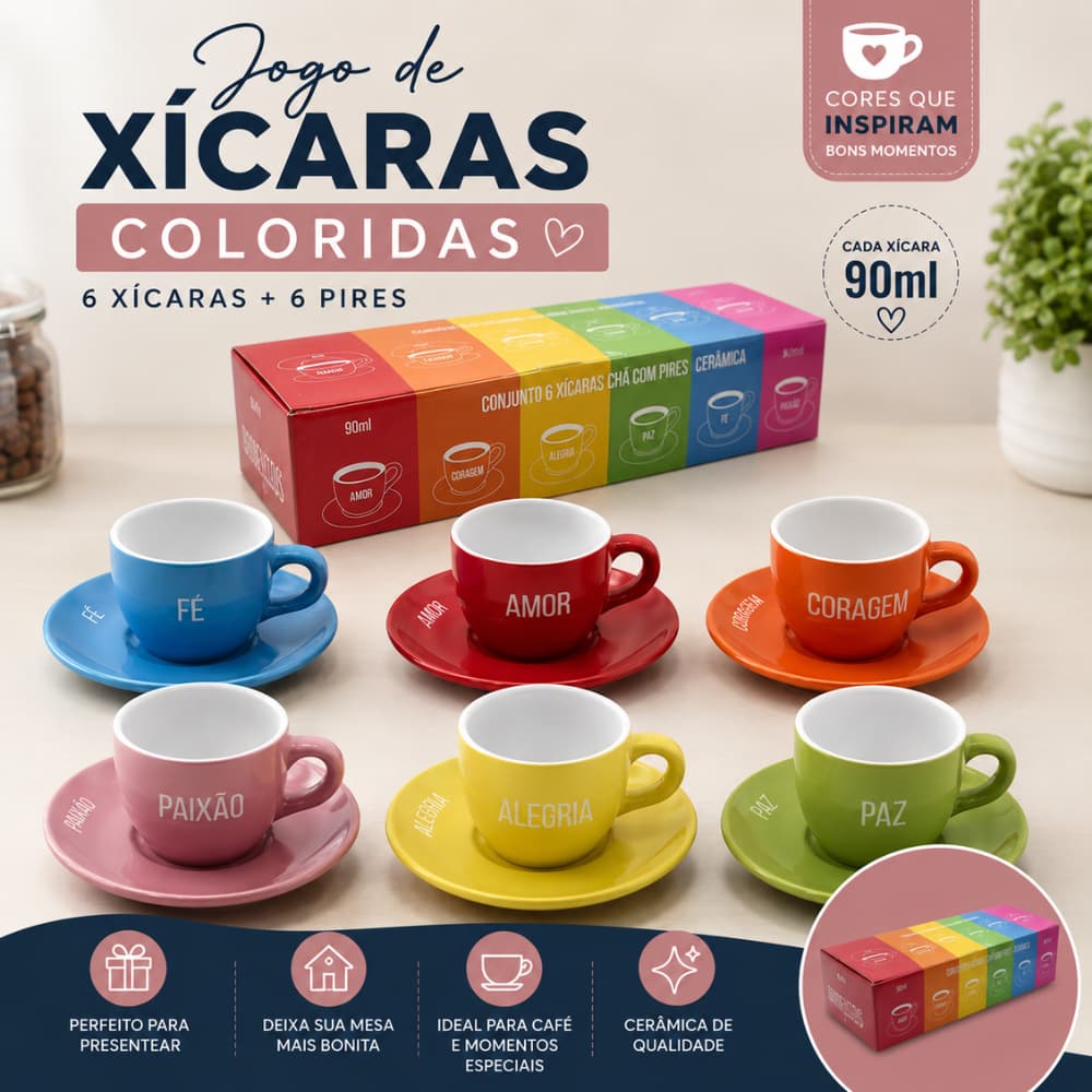 Jogo de Xícaras para Café com Pires – 6 Peças Coloridas | Cerâmica 90 ml