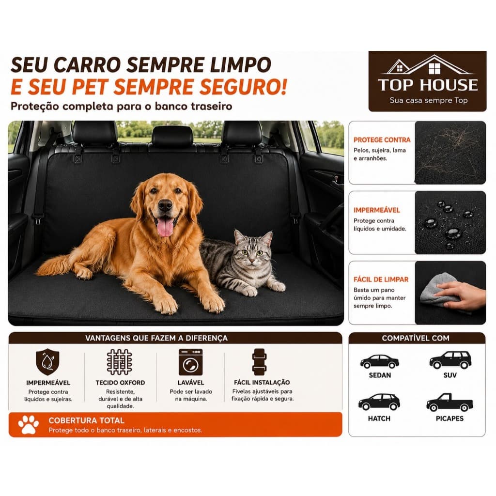 Protetor Banco Carro Para Cachorro Impermeável Lavável Oxford Universal Antiderrapante 127x144cm
