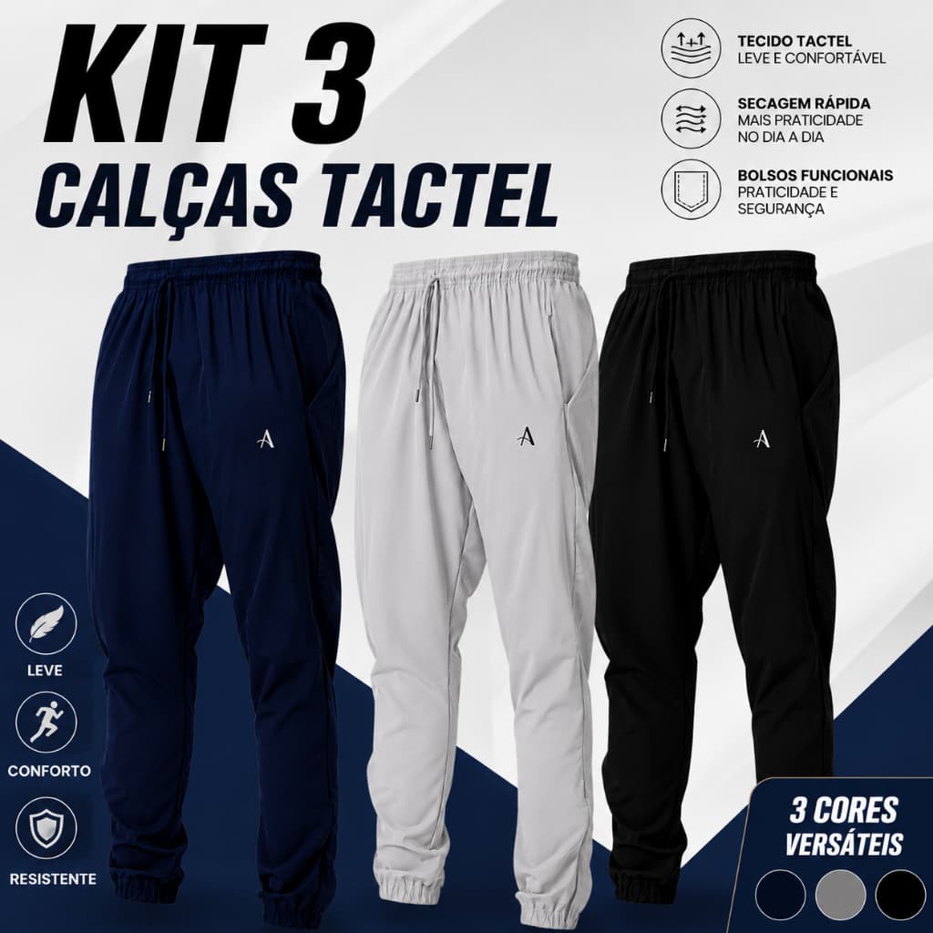 Kit 3 Calças Tactel com Elastano Academia Casual Jogger