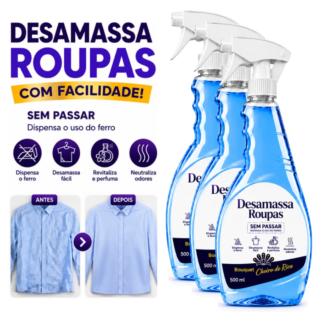 Kit 3 Desamassa Roupas Fácil Sem Passar 500ml Perfume Bouquet Cheiro de Rica Neutraliza Odores Praticidade Alisa Fácil
