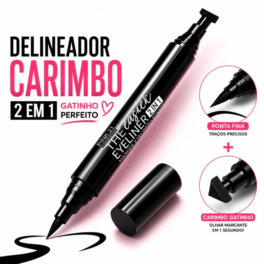 Delineador Carimbo 2 em 1 Pink 21 | Caneta Delineadora + Stamp Gatinho | Longa Duração