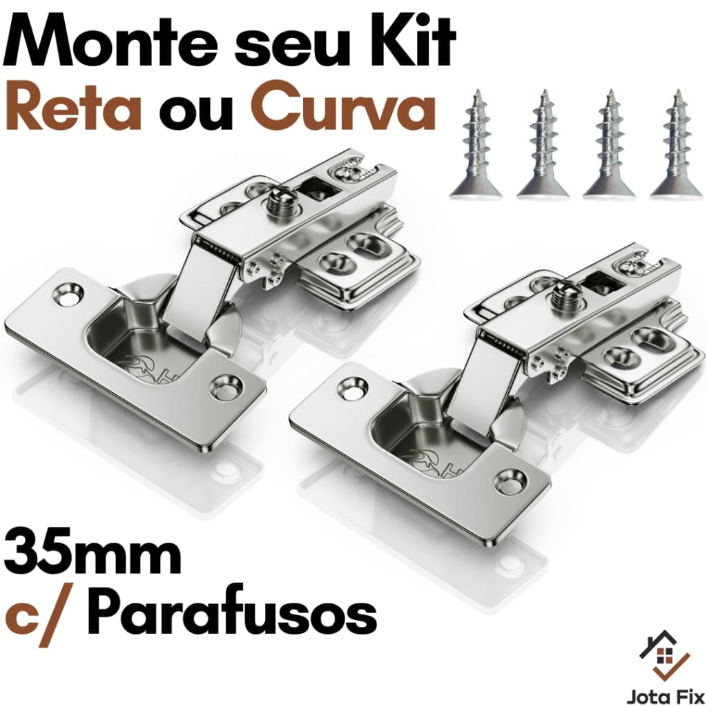 Dobradiça para Moveis 35mm Kit Dobradiças Reta e Curva p Armario Guarda Roupa Marcenaria c Parafuso
