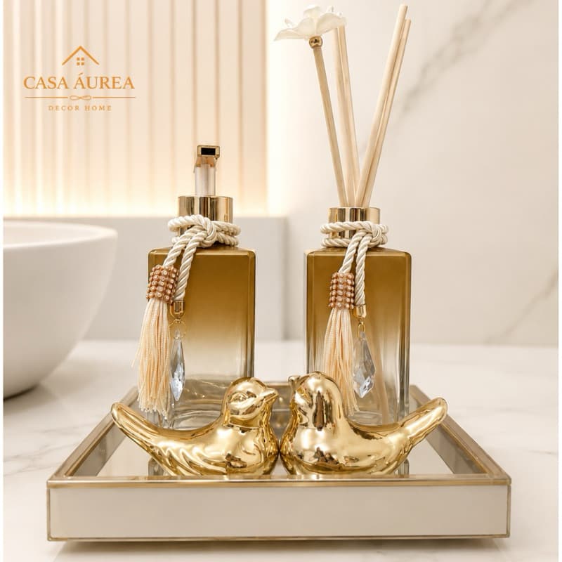 kit Aromatizador Lavabo/Banheiro Luxuoso Dourado Degrade Saboneteira Pump e Difusor Varetas Premium Decoração Cerâmica