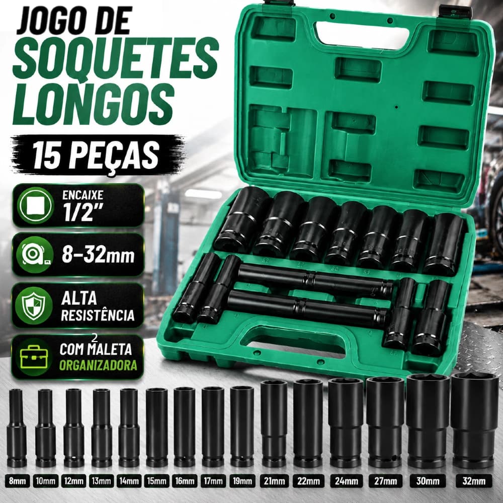 15 Peças Jogo de Soquetes de Impacto Longo 1/2  8 A 32mm – Pronta Entrega