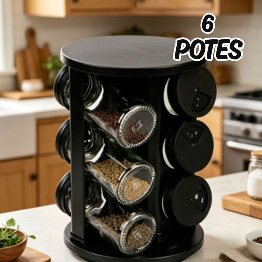 Porta Condimentos 6 Potes Vidro Base Giratória Cozinha - Bancada Organizada Porta Temperos Giratório