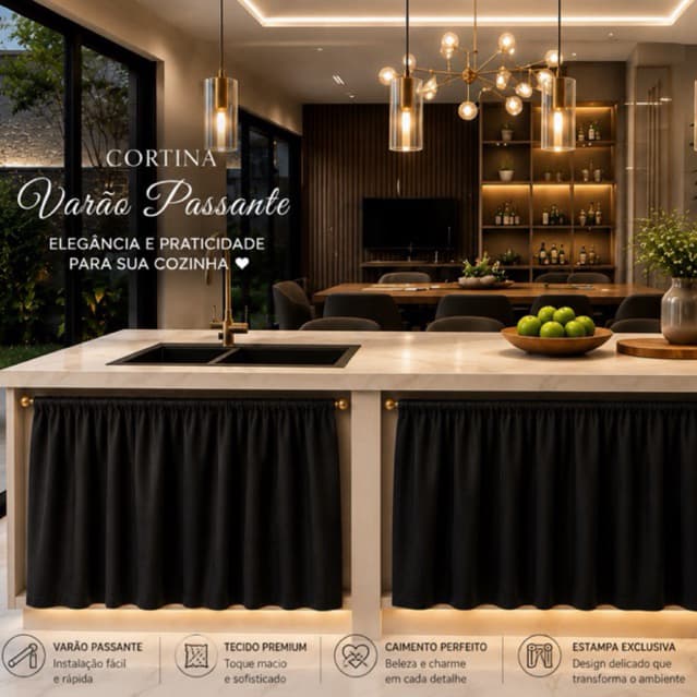 Cortina de pia 2,80 x 0,80 Tecido Oxford liso decoração de cozinha