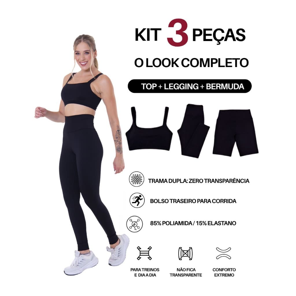 Kit Fitness Feminino 3 Peças de Poliamida - Top, Bermuda e Legging Cintura Alta com Bolso Traseiro