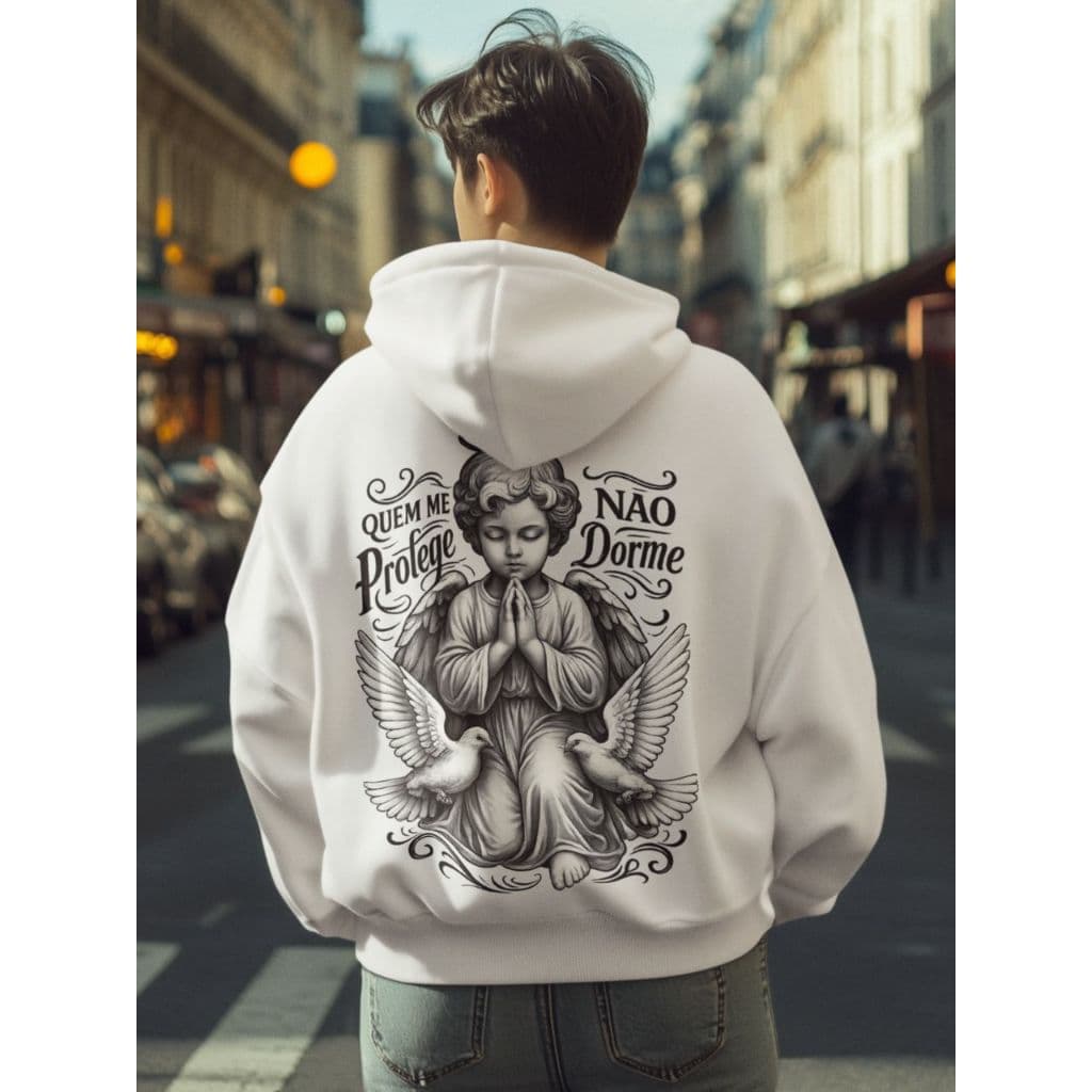 Blusa de Frio Moletom Estampa Frente e Costas Quem me Protege Não Dorme Streetwear Urban Style Unissex Moletons