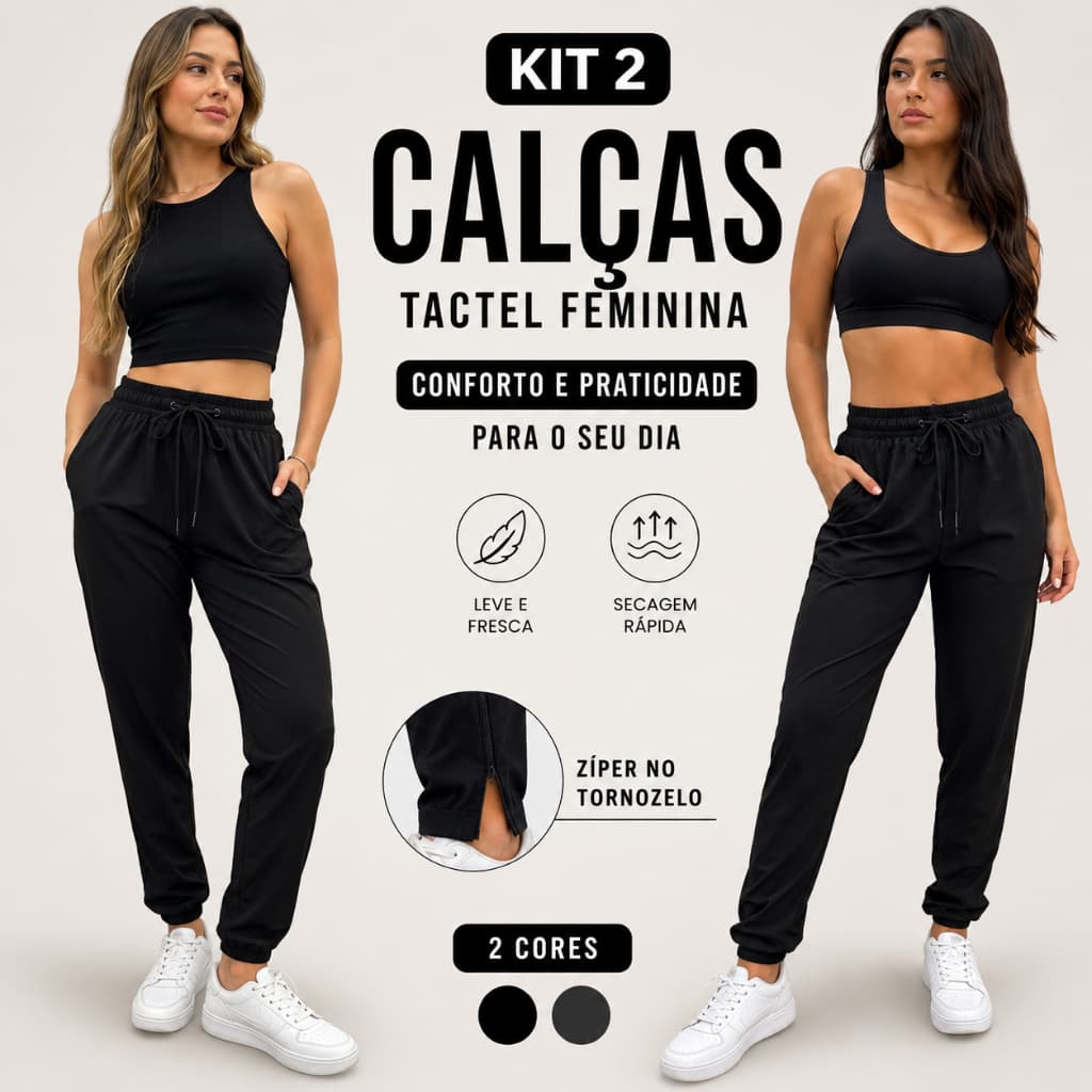 KIT 2 Calças Jogger Feminina Tactel Com Zíper no Tornozelo Cintura Elástica Cordão de Ajuste