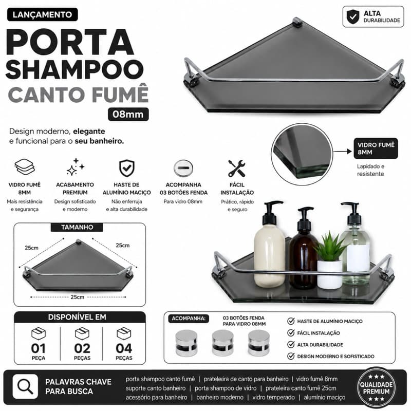 Porta Shampoo Canto Vidro Fumê 8mm Lapidado, Suporte Alumínio Cromado, Alta Resistência, Banheiro Moderno Premium
