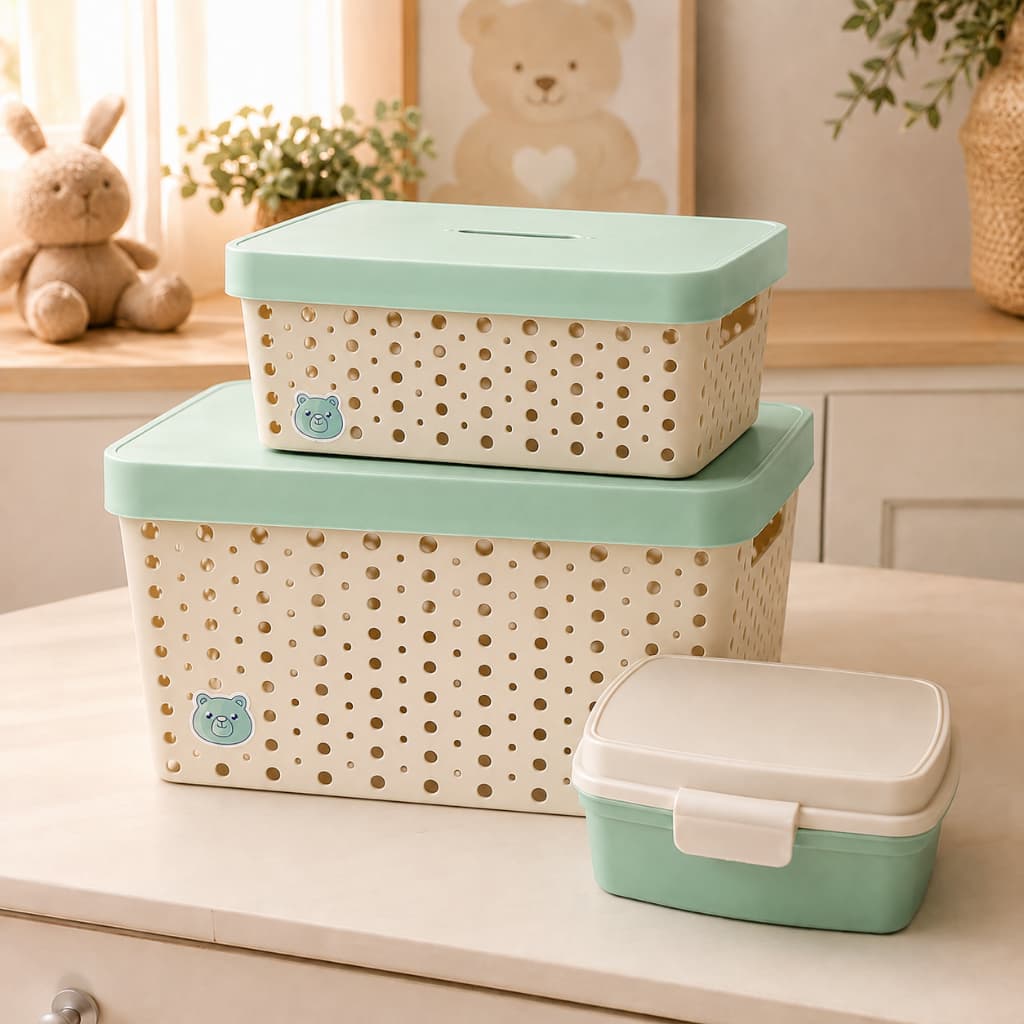 Kit 2 Caixas Cestos Organizador Quarto Bebê Infantil Trama Rattan ZukBaby Verde Com Brinde Farmacinha