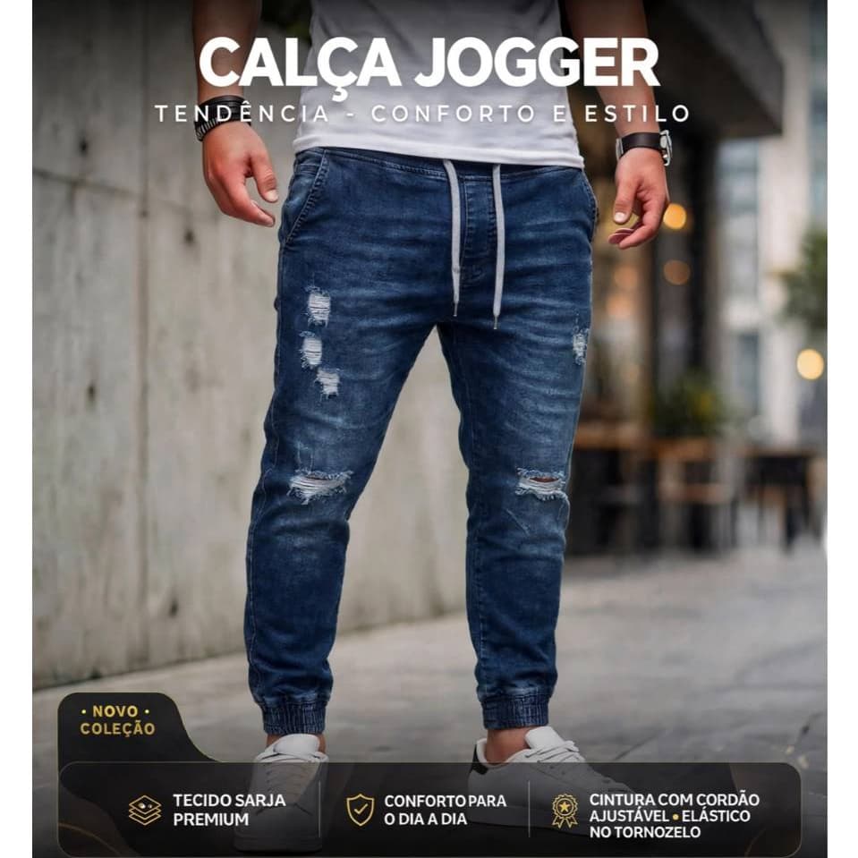 Calça Jogger Jeans Slim Fit Destroyed Moda Homem Estiloso