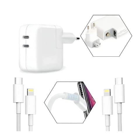 Carregador 50w Duplo Usb-c Para iPhone 6s 7 8 Plus Xs Xr 11 12 13 14 Pro Max + 2 Cabos Lightning 2 Metros