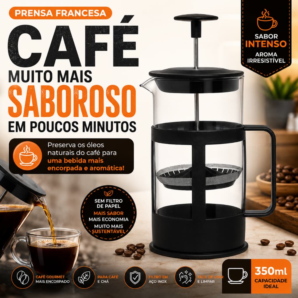Cafeteira Prensa Francesa 350ml Vidro Borossilicato Filtro Inox para Café e Chá MO-AK-55