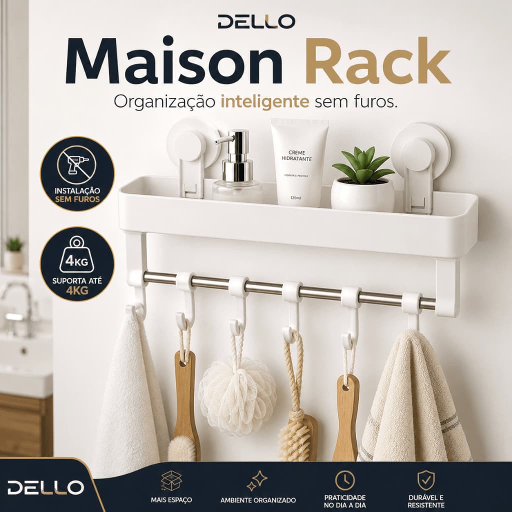 Organizador Multiuso de Parede com Ganchos Maison Rack DELLO | Suporte para Banheiro, Cozinha e Lavanderia sem Furos
