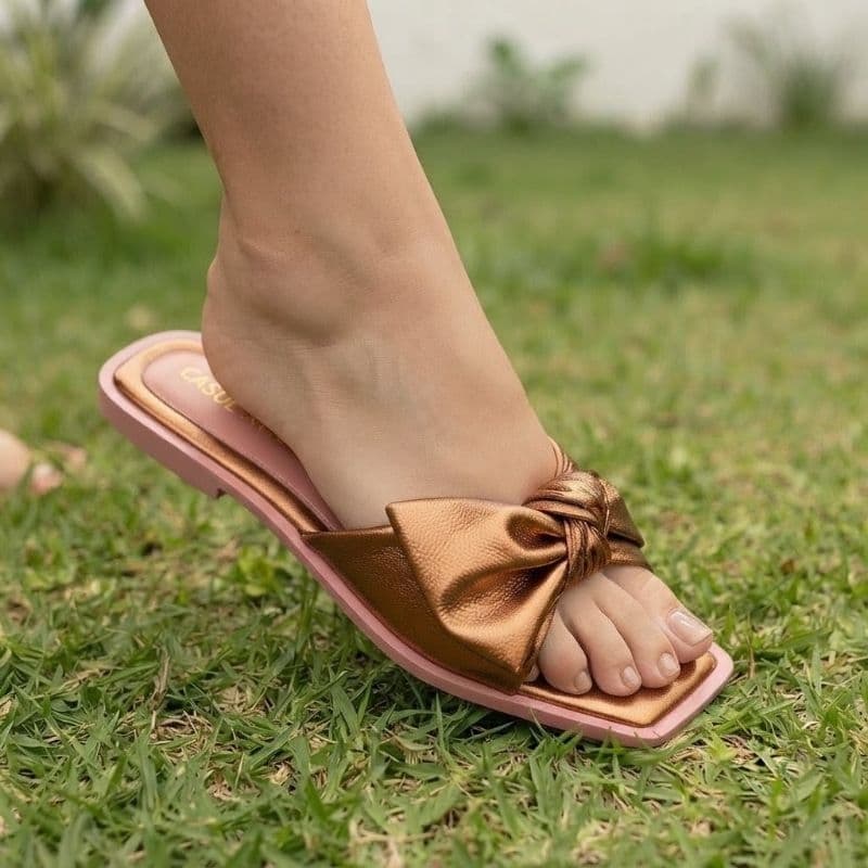 Sandália Feminina Rasteira Laço Bico Quadrado Confortável Casual Luxo