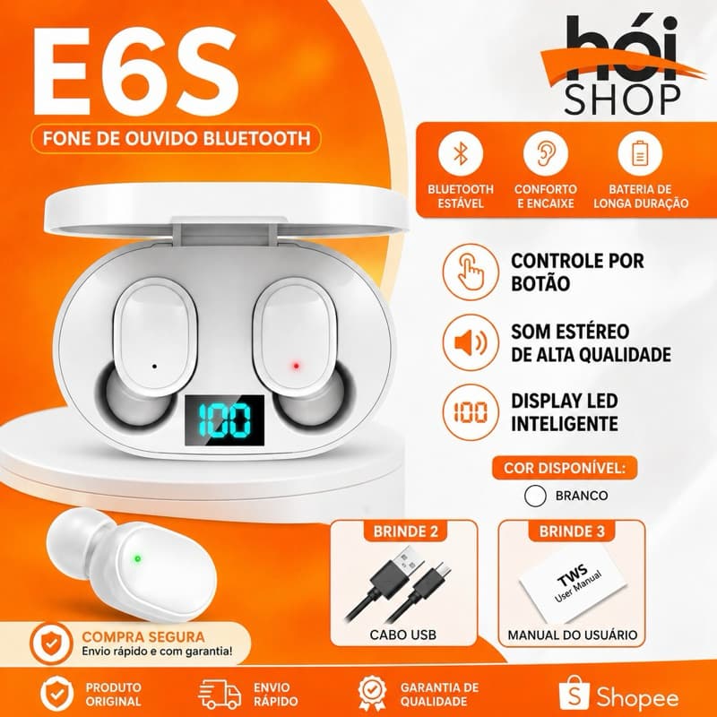 Fone de Ouvido Bluetooth E6S TWS Sem Fio – Som Estéreo com Display LED