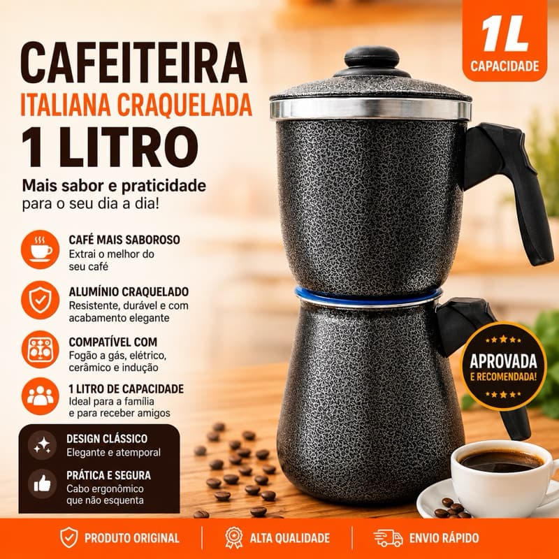 Cafeteira Italiana de Fogão 1L Alumínio Polida e Craqueada