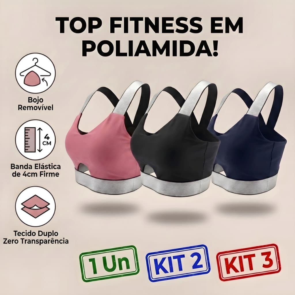 Kit 3 Top Fitness c/ Bojo Removível em Poliamida Respirável Alça Larga 4cm - KIT 1/2/3 Un - J&F