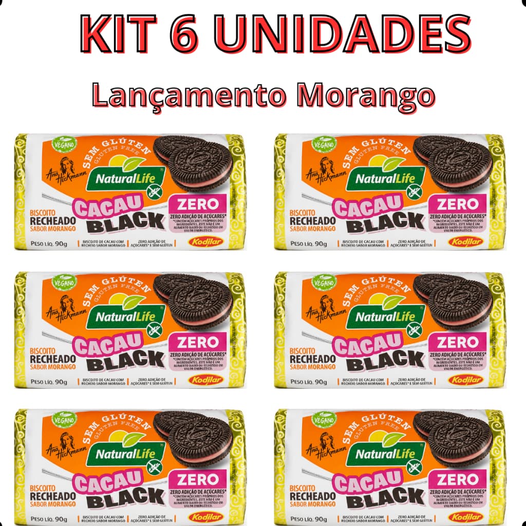 Kit 6 Biscoito Cacau Black Morango Zero Açúcar 90g *LANÇAMENTO TIPO OREO*