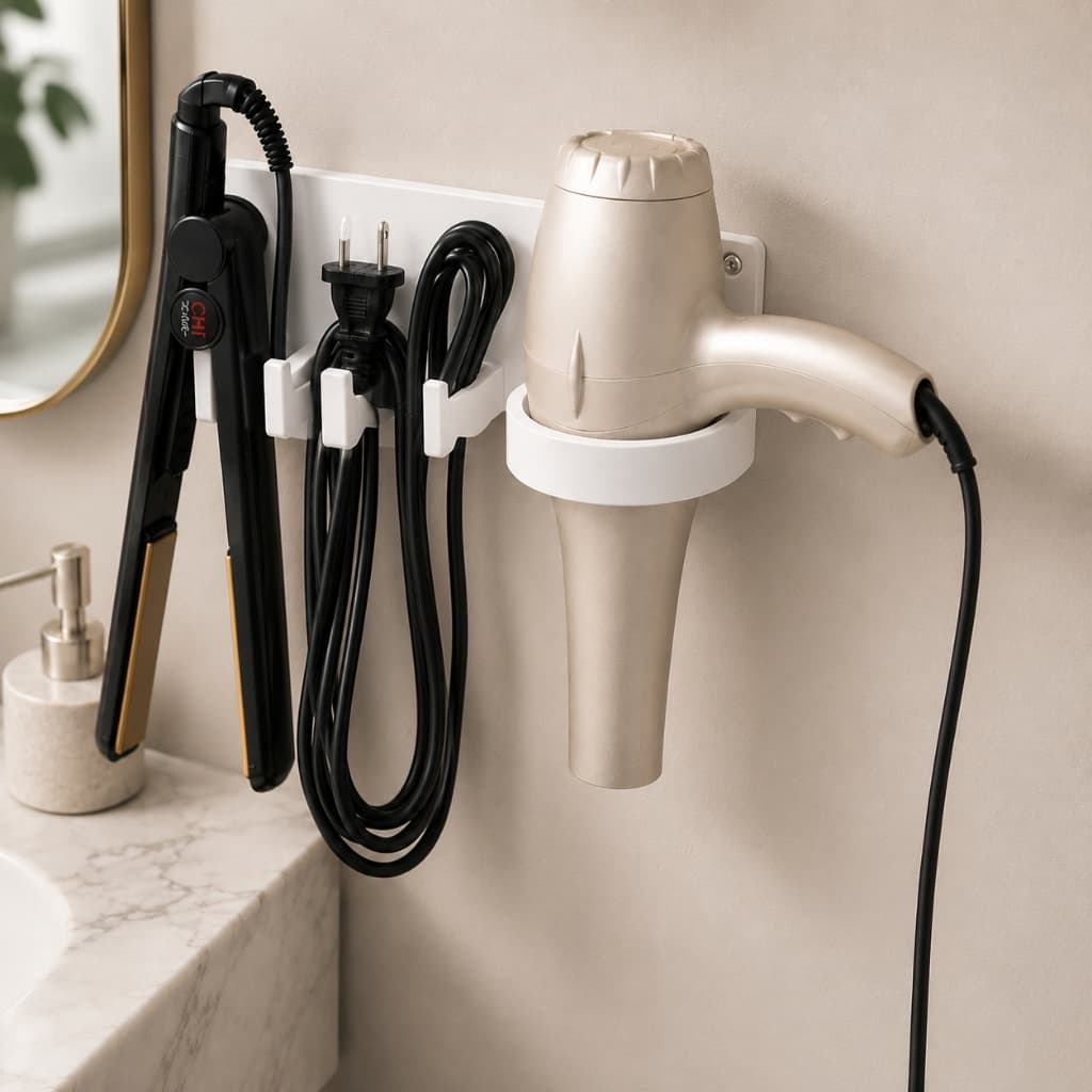 Suporte De Parede Para Secador E Chapinha Organizador Porta Secador Com Suporte Para Cabos sem precisar furar Branco
