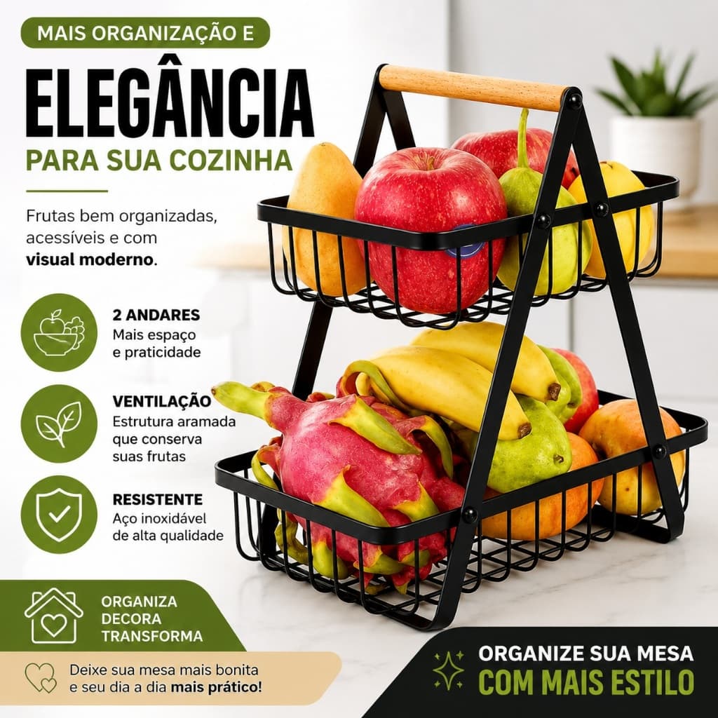 Fruteira de Mesa 2 Andares Aramada Preta com Alça de Madeira Cesto Organizador Multiuso