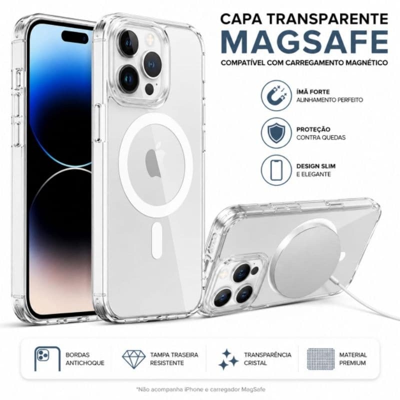 Capa Transparente com MagSafe para iPhone 11/12/13/14/15/16 e 17 | Antichoque Premium