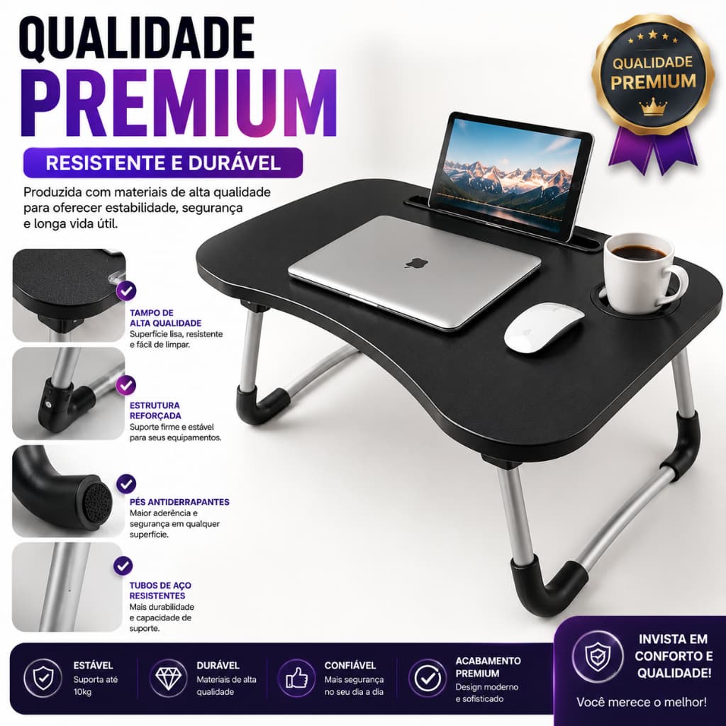 Mesa Multiuso Premium para Notebook Dobrável – Portátil, Resistente e Compacta | Home Office, Estudos e Café da Manhã