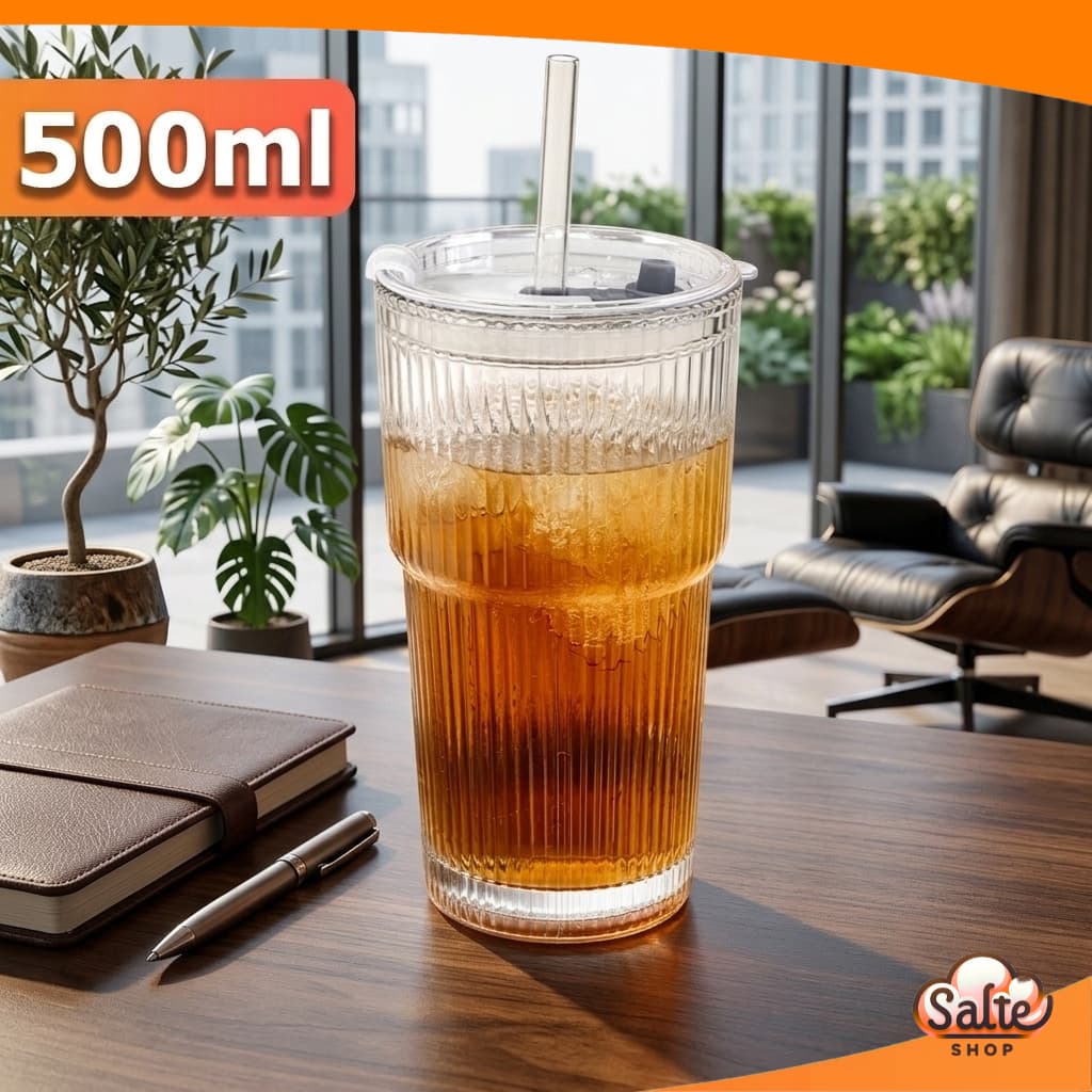 Copo de Vidro Groove Com Tampa e Canudo 500ml Vedação Hermética Reutilizável Água Suco Drink Batidas
