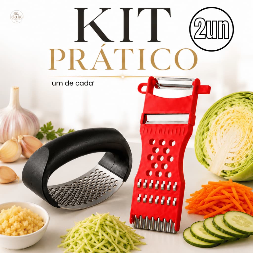 Kit Prático Fatiador de Legumes e Amassador de Alho Descascador Triturador