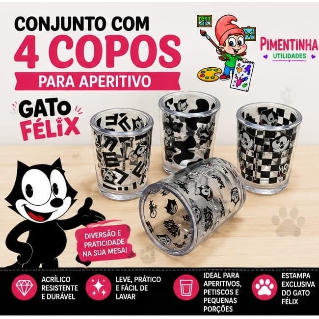 Kit 4 Copos para Aperitivo Gato Félix 50ml | Acrílico Resistente | Petiscos e Drinks