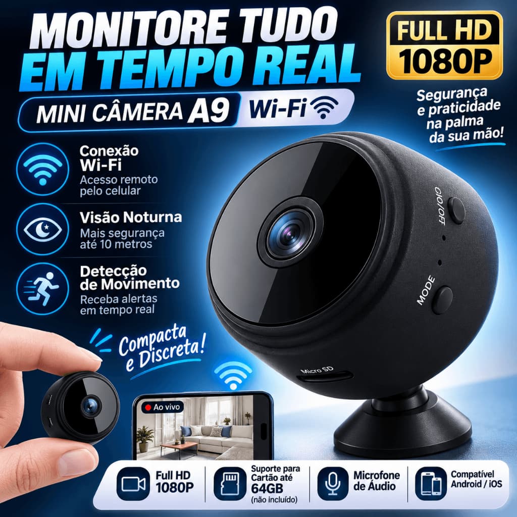 Mini Câmera de Segurança Wi-Fi Full HD 1080P A9 Visão Noturna Detecção de Movimento Áudio Suporte Parede
