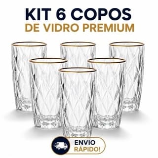 Kit 6 Copos de Vidro Borda Dourada 370ml Diamond Alto