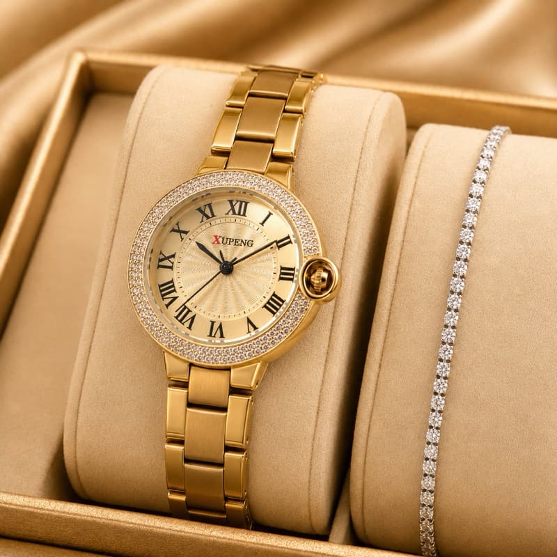 Relógio Feminino Luxo Aço Inoxidável Cravejado Zircônia À Prova D’Água