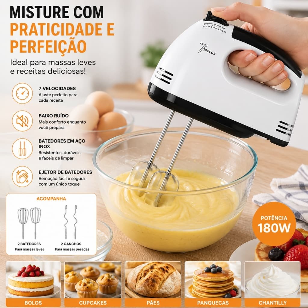 Batedeira de Mão Elétrica 7 Velocidades 127V Mixer Portátil p/ Bolo e Massas Cozinha