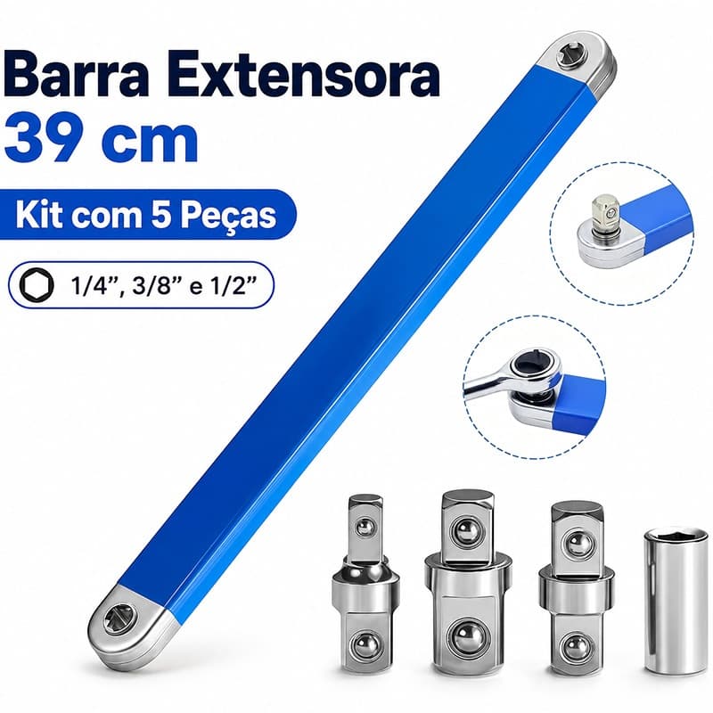 Chave Extensão Offset Multifuncional 39cm Aço Carbono Com 4 Adaptadores Para Catraca Automotiva