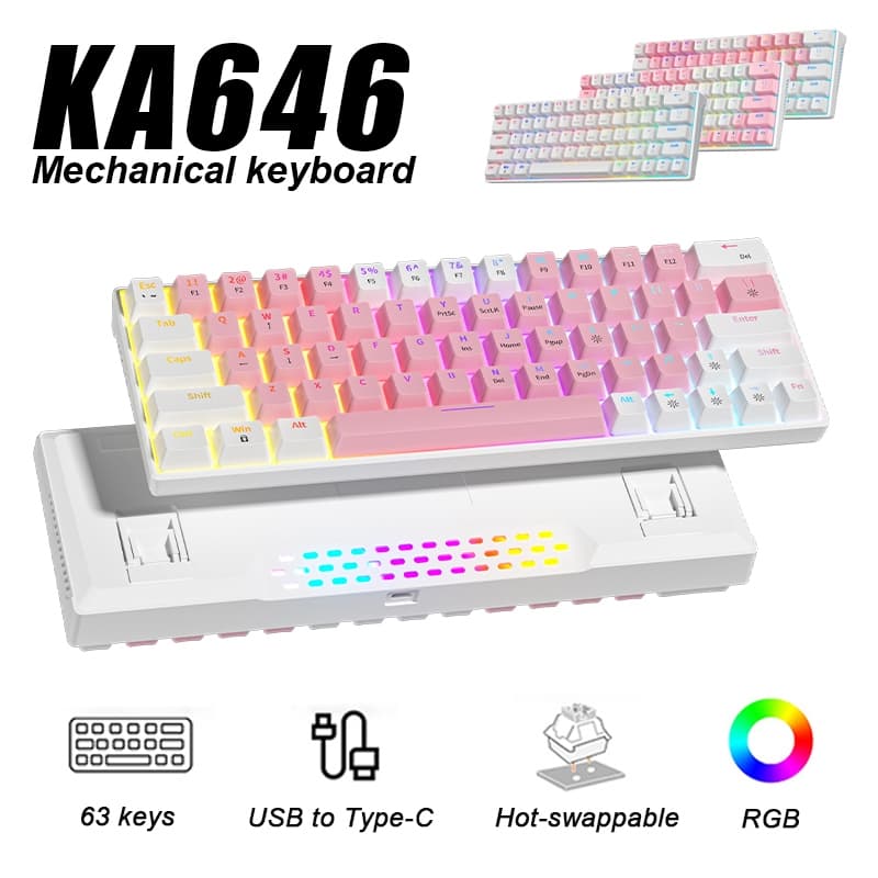 ZIFRIEND KA646 Teclado Mecânico Gamer 60% USB Com Fio ABNT2 Switch Azul e Vermelho Ergonômico Rosa