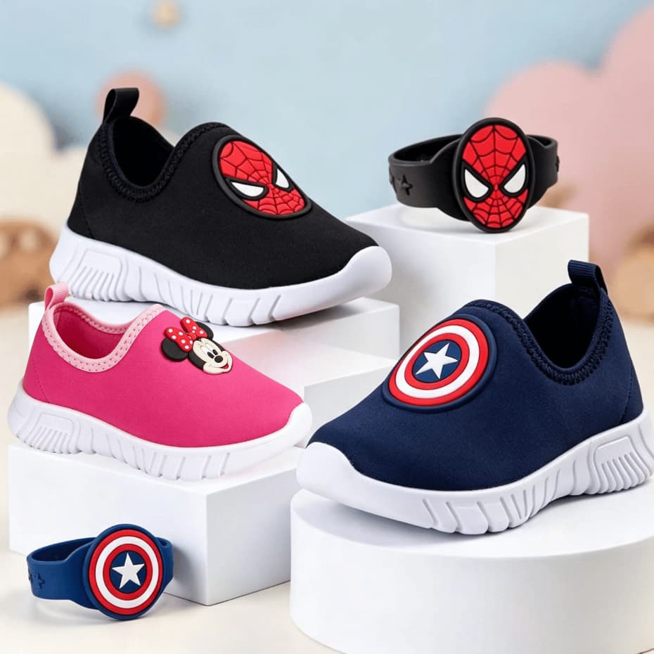 Kit Tênis Infantil Menino Menina Personagens Confortável Macio e Pulseira