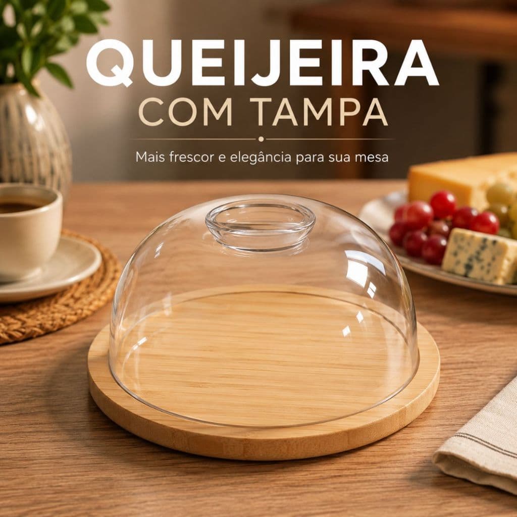 Queijeira FWB com Tampa Transparente e Base de Bambu para Mesa Posta Café da Manhã