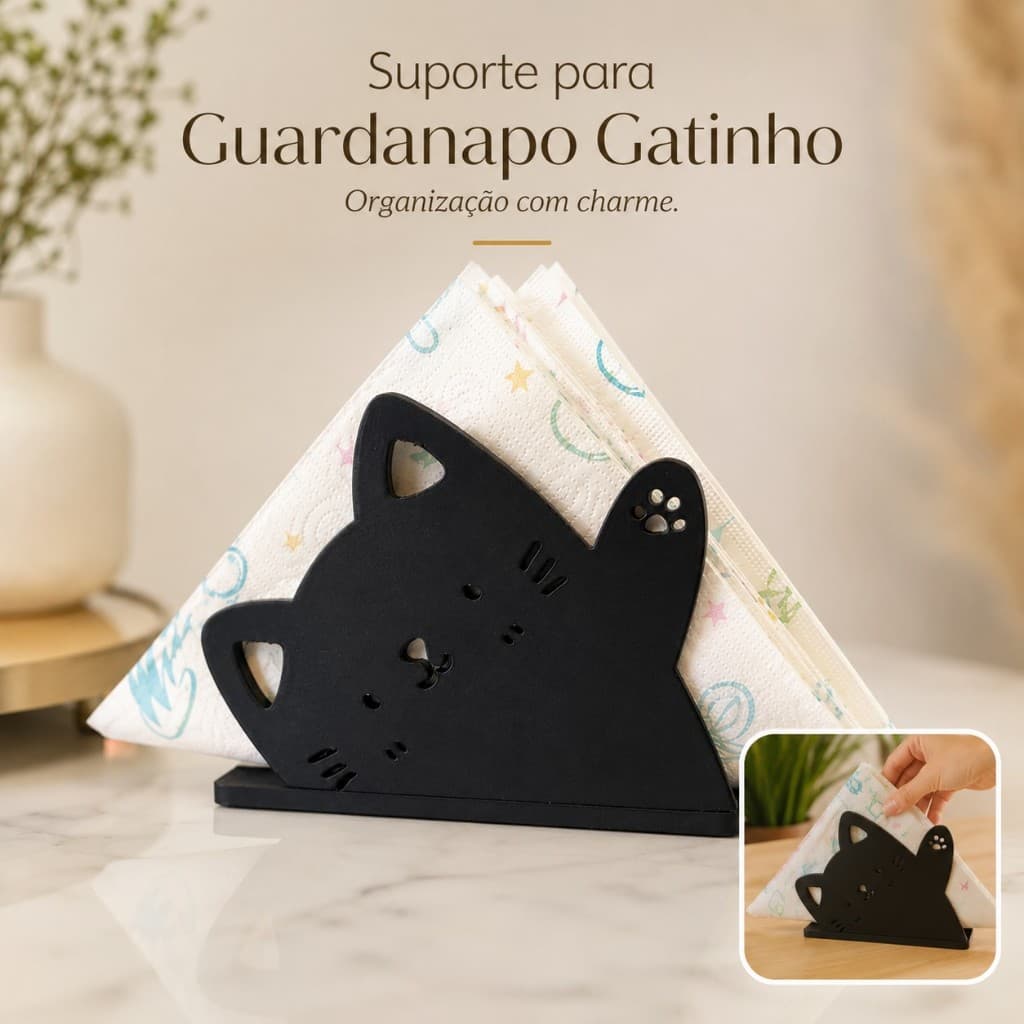 Suporte para Guardanapo Gatinho Decorativo 3D Cozinha Casa – Organizador de Mesa Fofo e Moderno