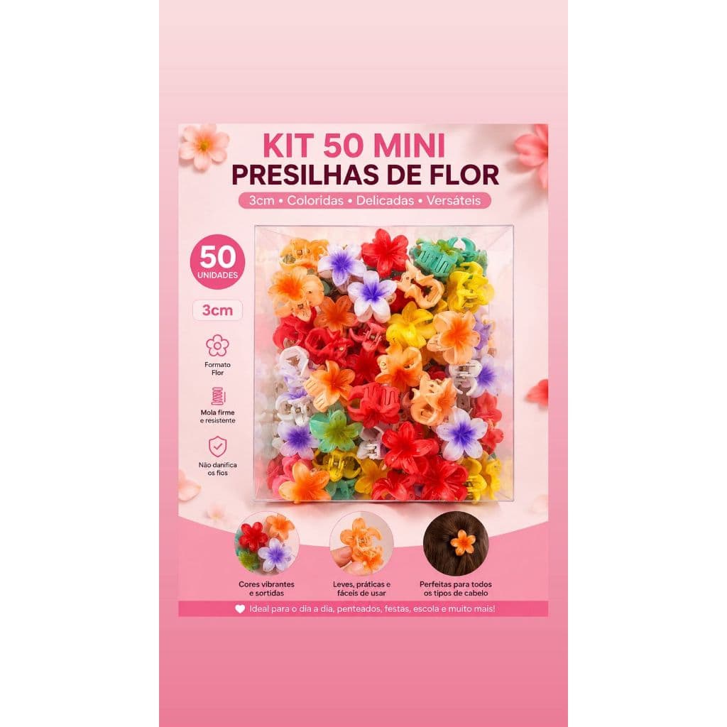 50 Mini Presilhas de Flor 3cm Coloridas | Piranhas para Cabelo Infantil e Adulto | Acessório Fashion