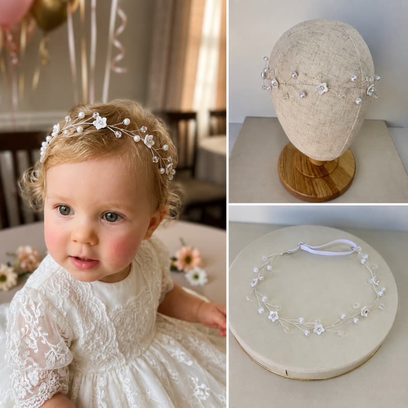 Tiara Infantil Luxo para Batizado, Casamento e Daminha | Pérolas, Flores e Cristais Delicados