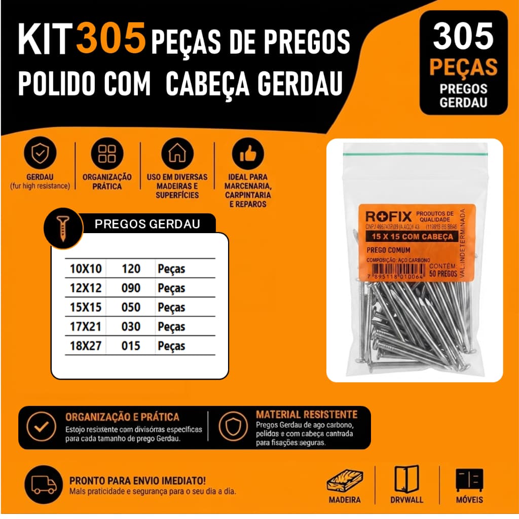 KIT 200 á 305 Pregos Polido com Cabeça Gerdau Do 10x10 á 18x27