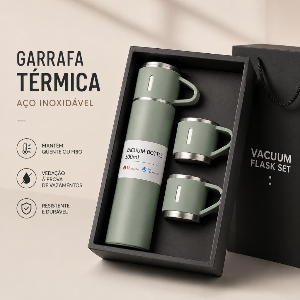 Garrafa Térmica Inox 500ml com 2 Copos Isolamento a Vácuo Antivazamento para Café Chá Viagem