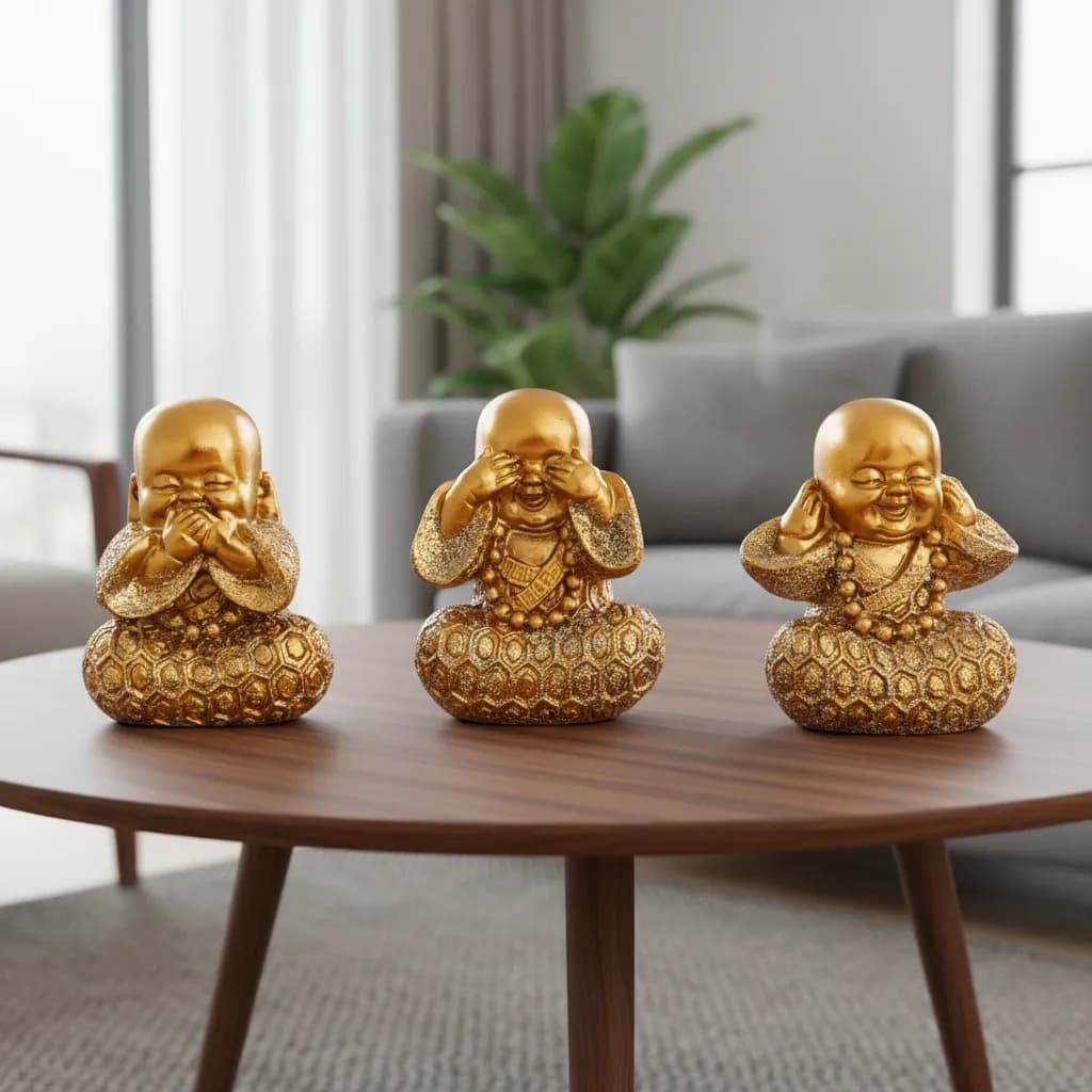 Trio de Estátuas Buda Baby Decorativo Dourado em Resina 4cm Não Falo Não Ouço Não Vejo